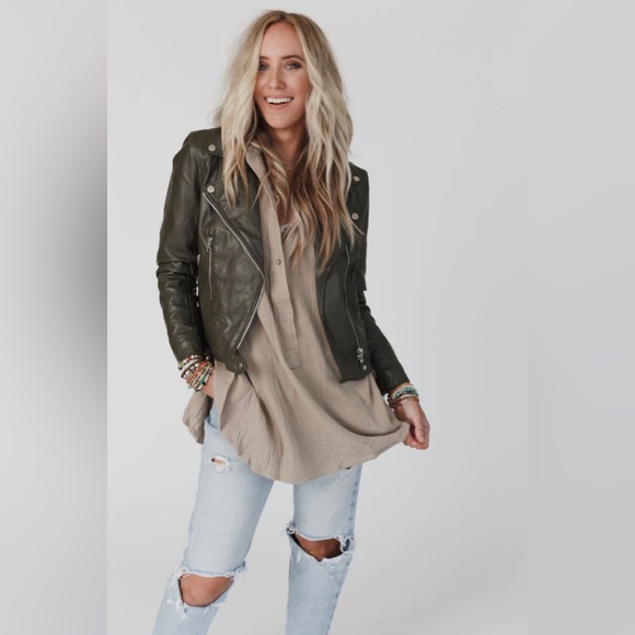 Three Bird Nest Olive Green Vegan Leather Moto Jacket - Picture 7 of 7